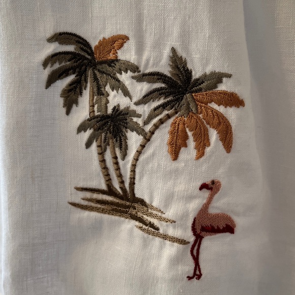 100% Linen Tunic Shirt Jacket Embroidered Flamingo Palm Women’s XL White Preppy - Picture 6 of 15